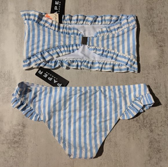 NWT Free People x Paper Blue White Striped Ruffle Bikini, L / XL - Picture 6 of 15